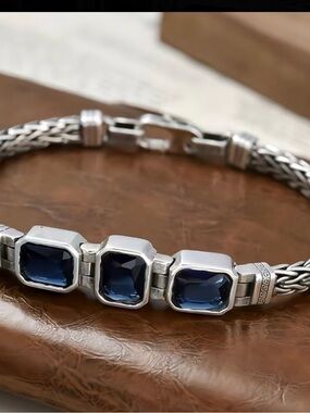Handmade Rope Bracelet with Three Deep Blue Stones